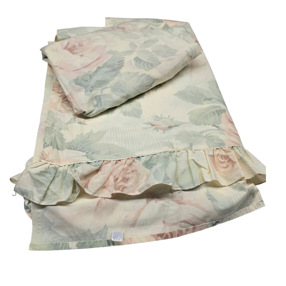 Vintage Martex Flat Sheet Twin Pillowcase Pink Floral Ruffle Cottagecore Rose